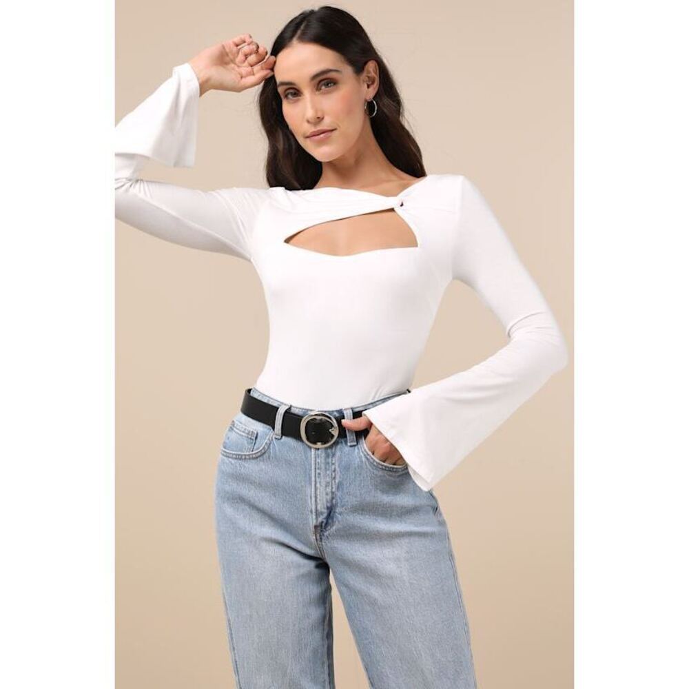 Lulus Perfectly Impressive White Twist-front Long Sleeve Bodysuit - Size XS​​